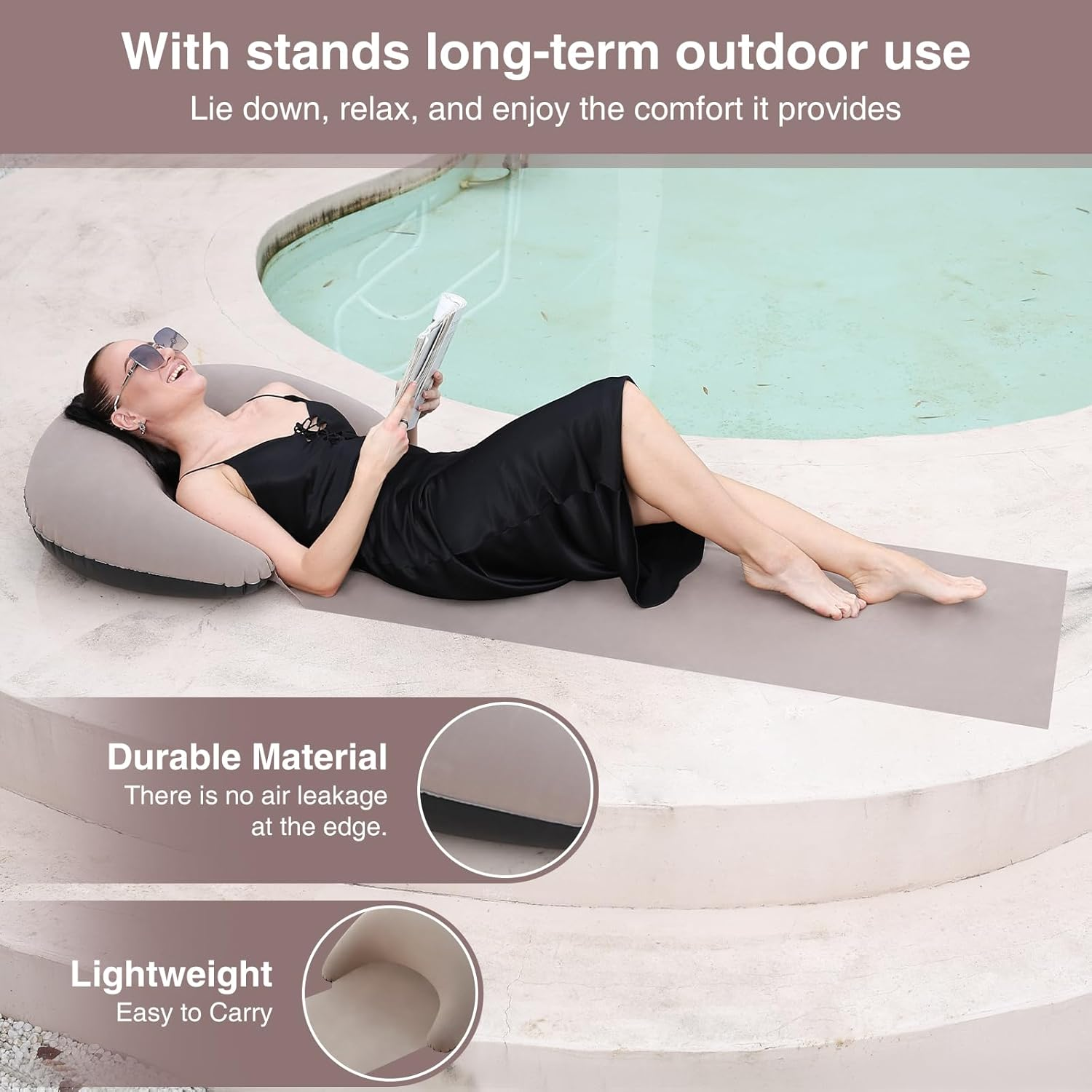 Portable Beach Mat with Inflatable Pillow, 70x30 Inches (Khaki)