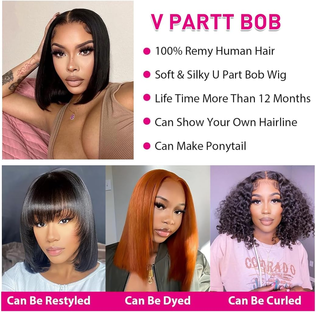14-Inch V Part Bob Wig - Straight Human Hair, No Leave Out, Natural Color