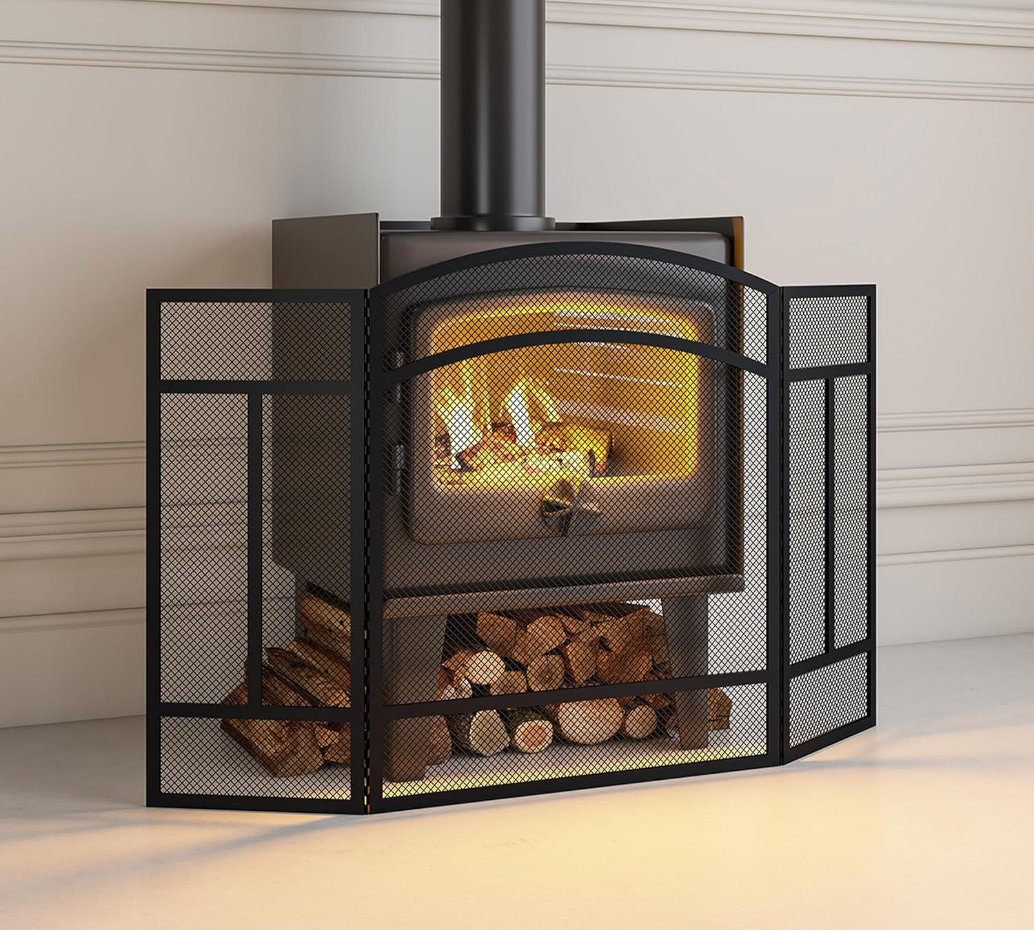 3-Panel Black Spark Guard with Piano Hinge, 96.5cm L x 61cm H