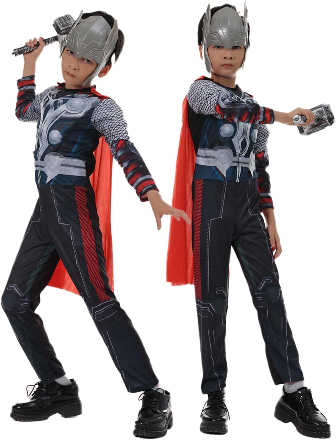 Boys Superhero Cape and Muscle Suit with Helmet for Halloween