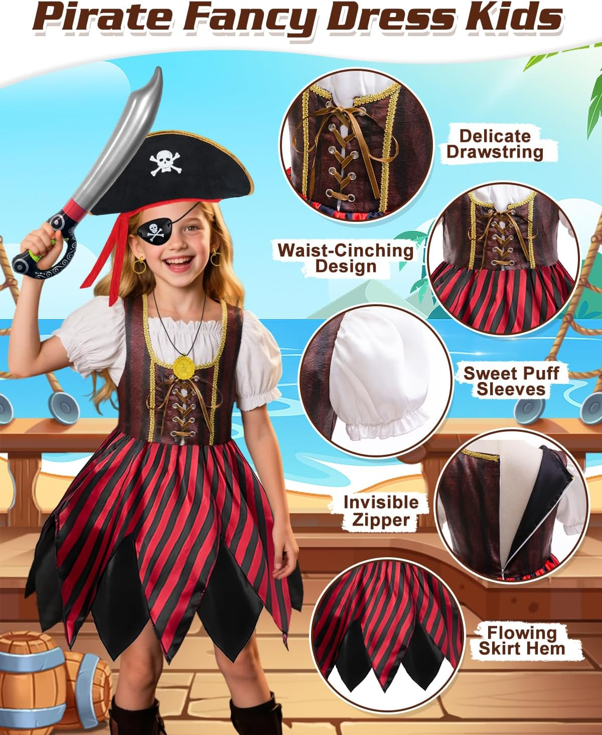 Kids Pirate Costume Set with Hat & Accessories for Dress Up & Cosplay - Size 130