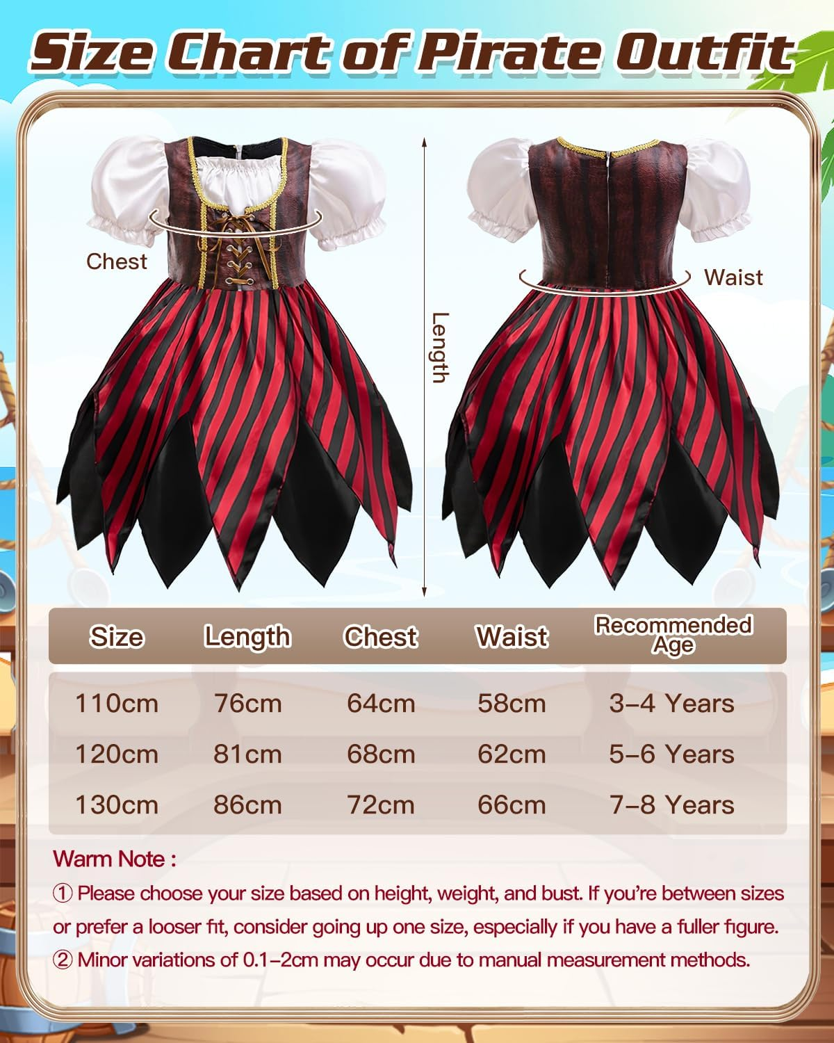 Kids Pirate Costume Set with Hat & Accessories for Dress Up & Cosplay - Size 130