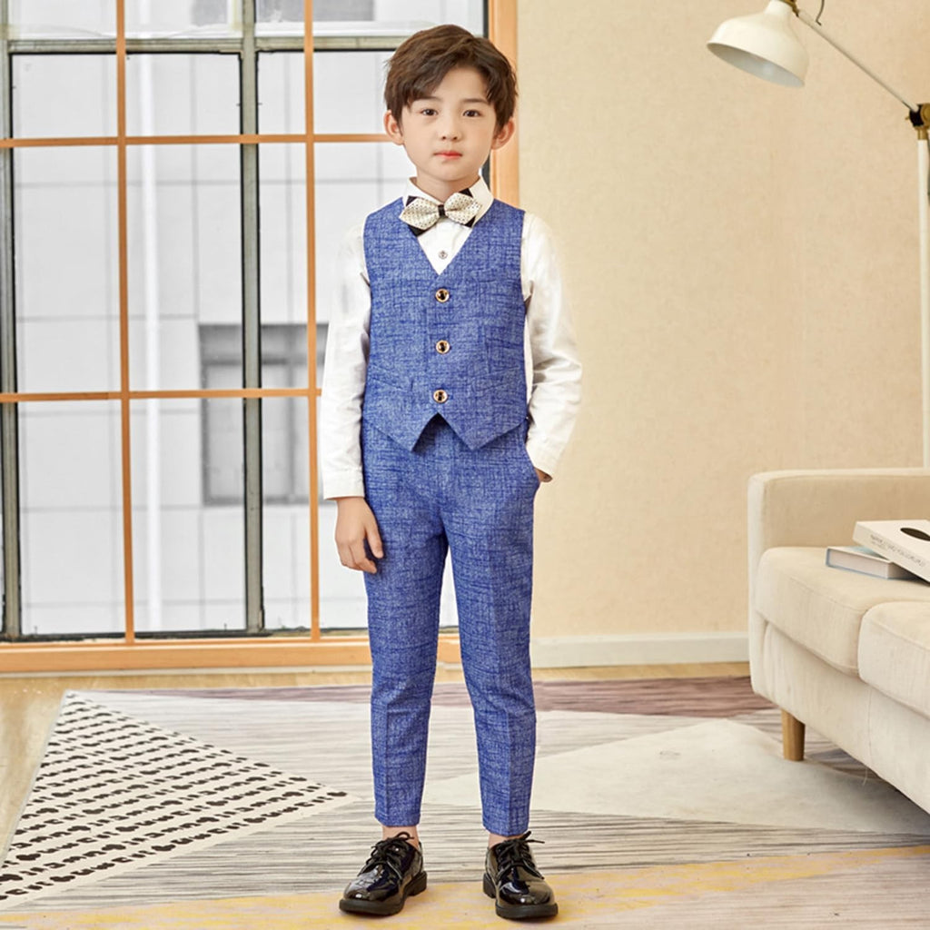 4-Piece Boys Formal Suit Set with Waistcoat, Shirt, Pants, and Bow Tie