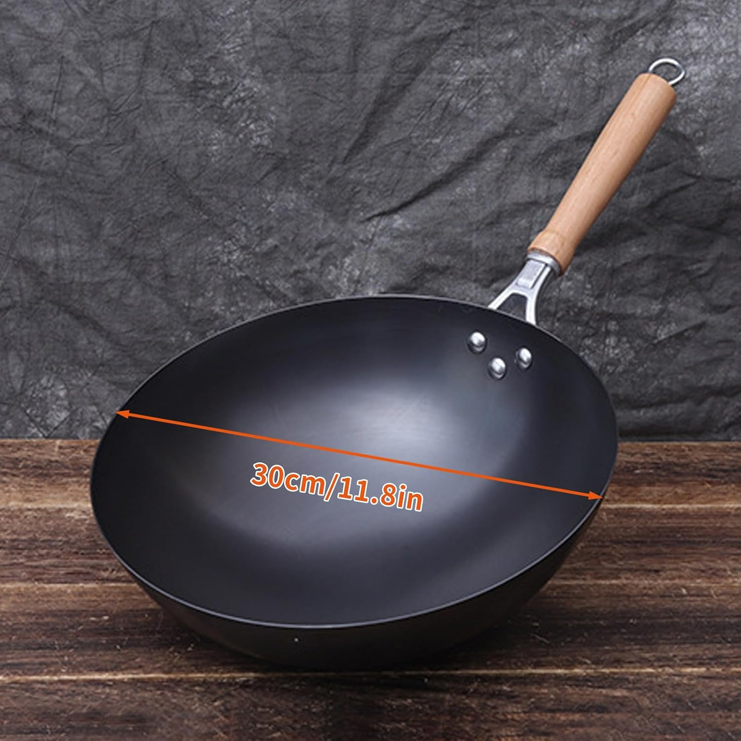 12-Inch Hand Hammered Carbon Steel Wok with Wooden and Steel Handle