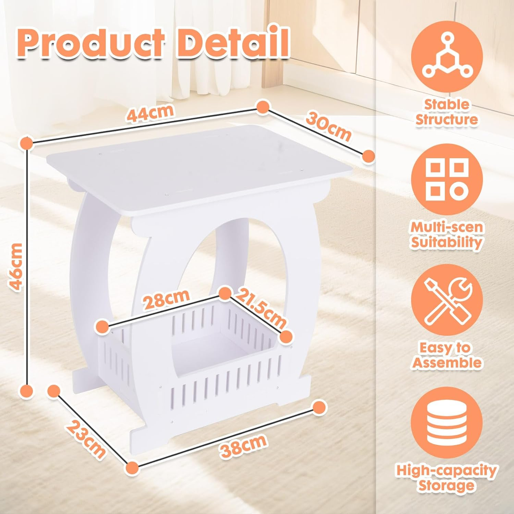 2-Tier White End Table with Storage Basket for Home and Office