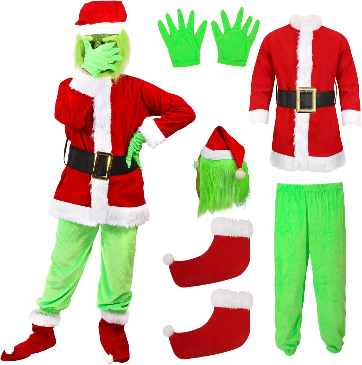 Deluxe 6PCS Kids Christmas Grinch Santa Costume with Accessories Size S