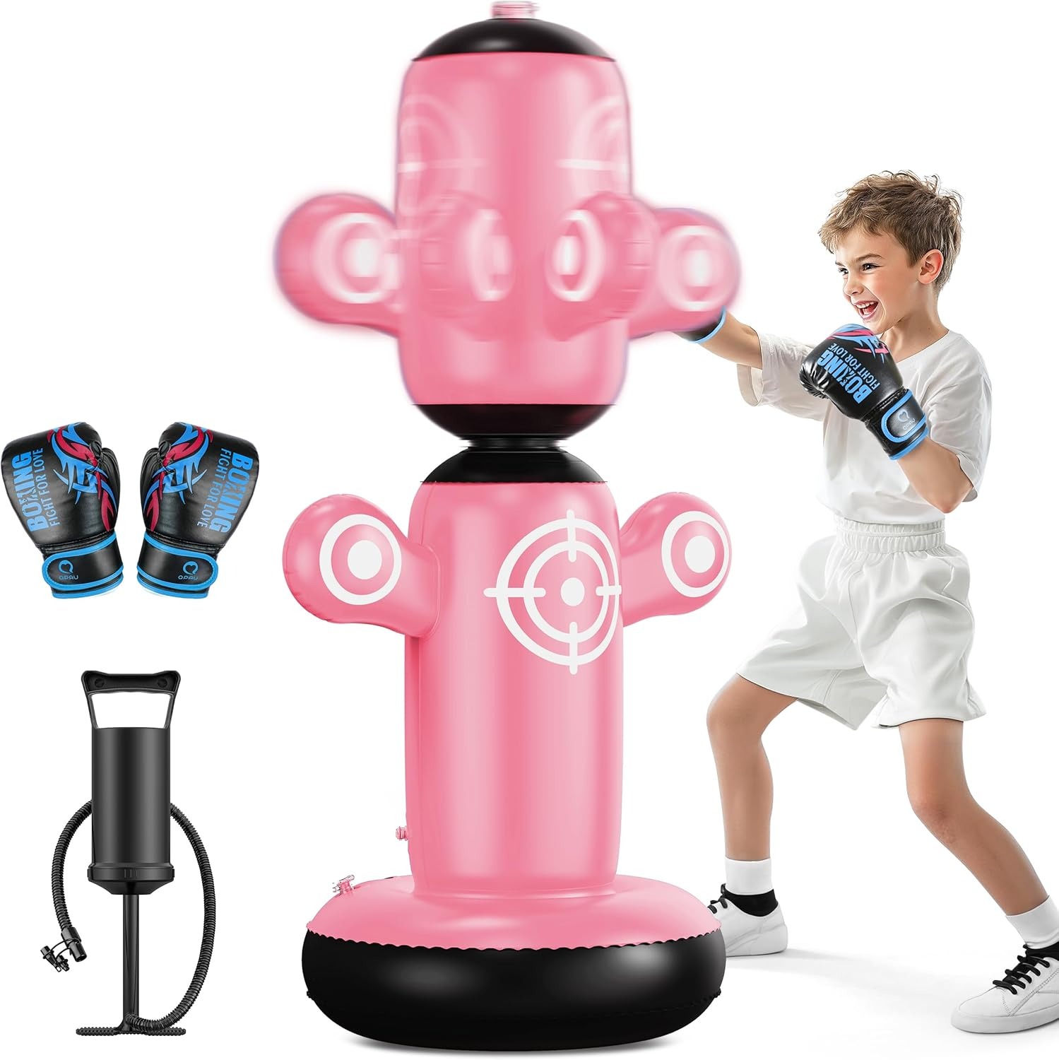 64” Rotatable Kids Punching Bag with Gloves, Pump & Targets - Pink