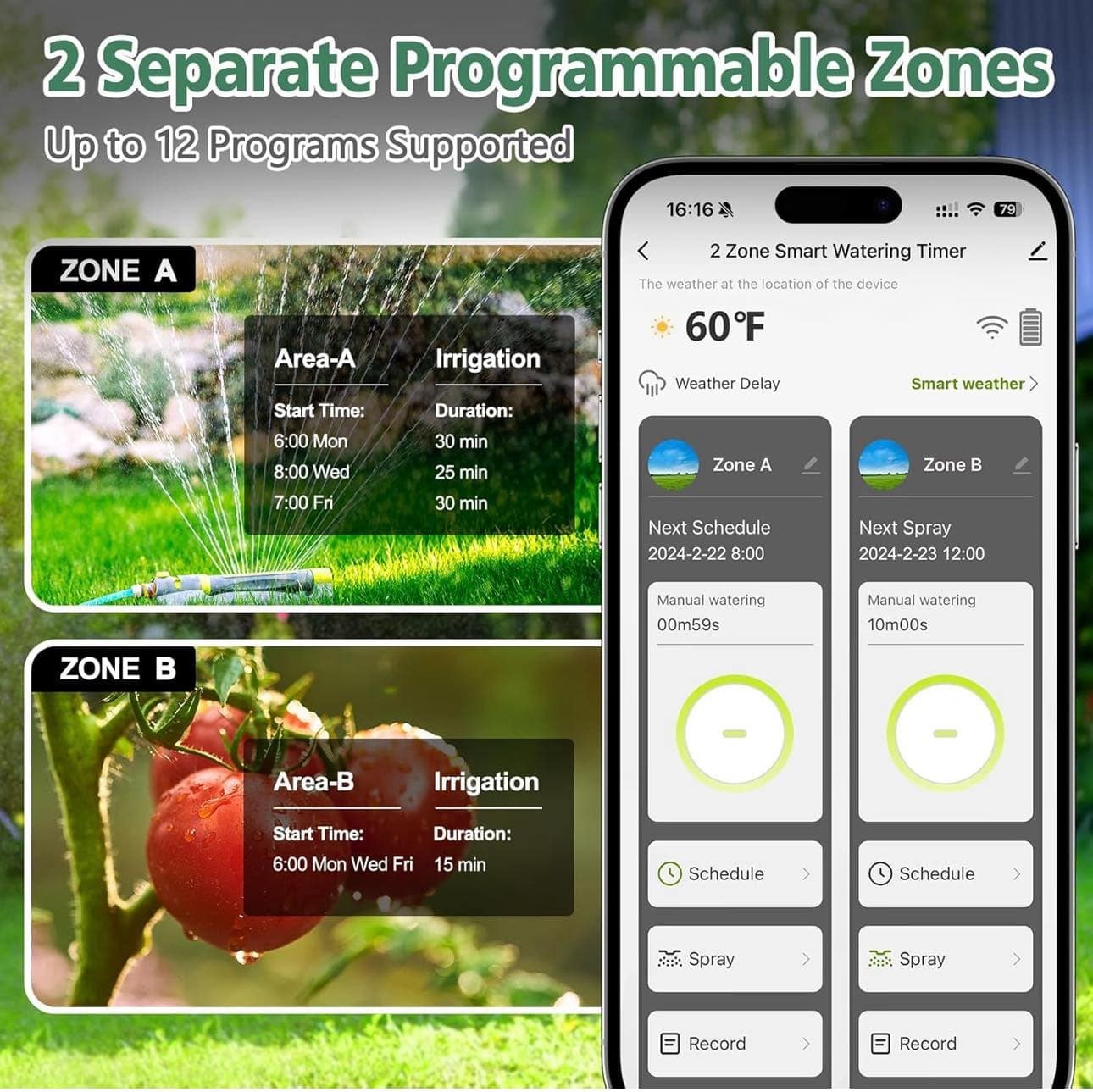 WiFi Smart Garden Hose Water Timer 2-Outlet Irrigation Controller App Remote wit